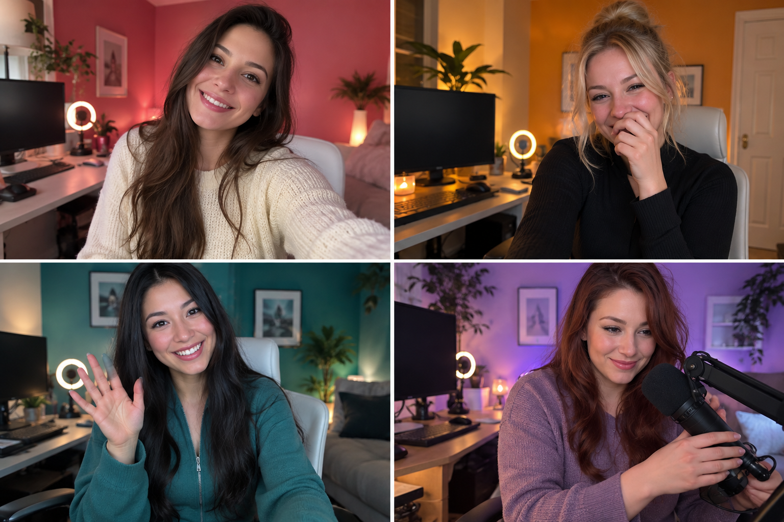 Four adult livestream hosts in warm home studios