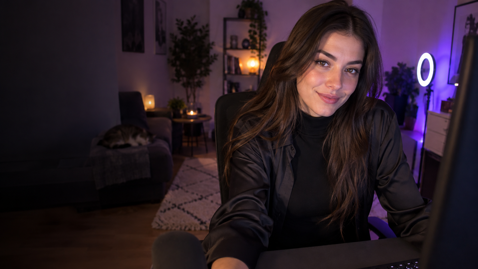 Adult livestream host in a warm studio